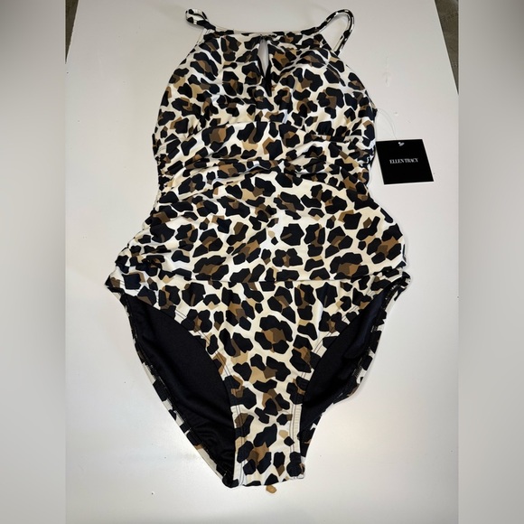 Ellen Tracy Leopard Animal Print One Piece Swimsuit High Neck Size 10 NWT - Picture 1 of 6